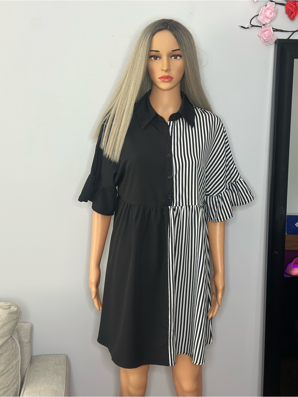 Black & White Striped Half-Button Shirt Dress Sz M like new - Picture 2 of 9
